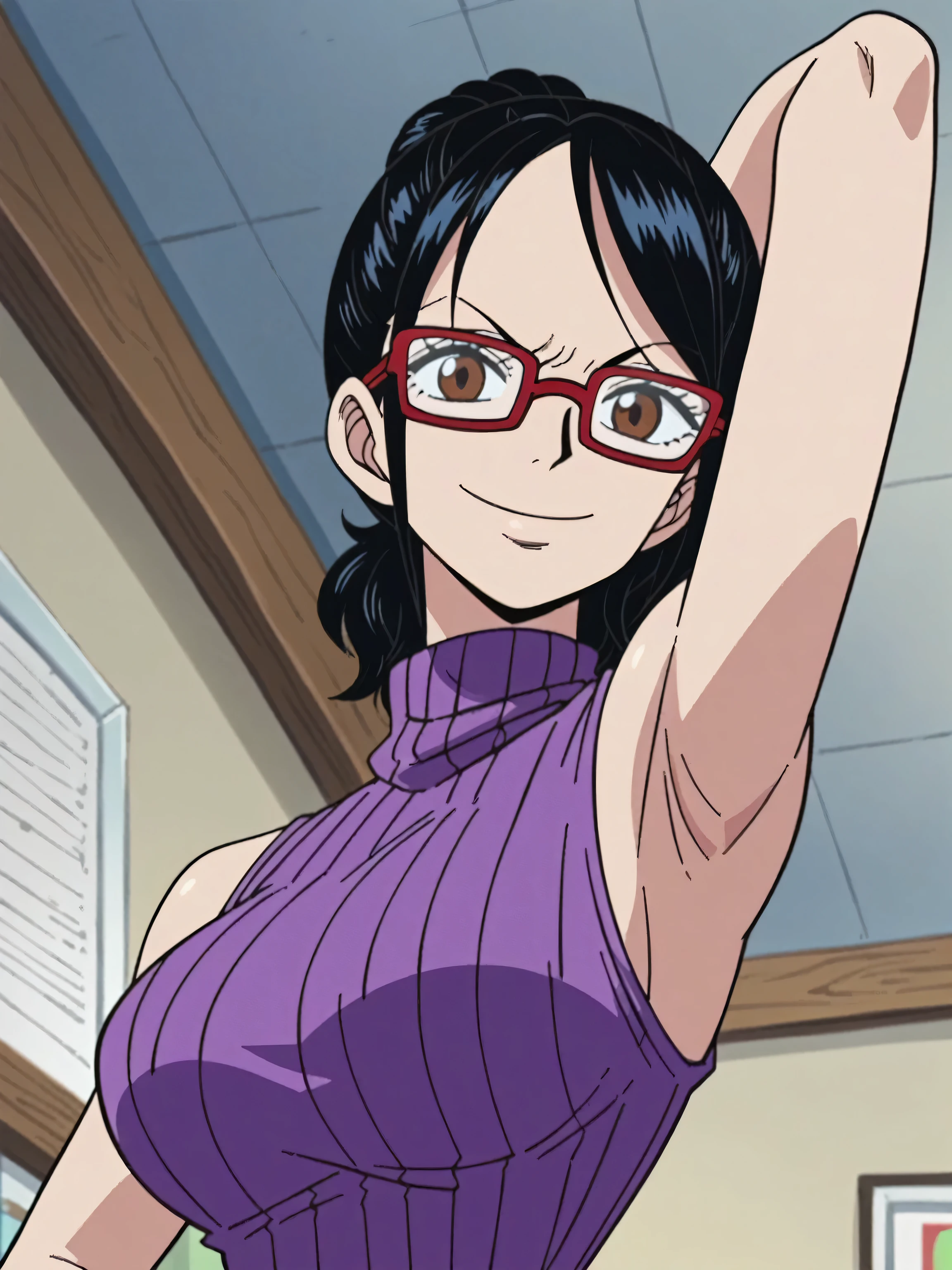 score_9, score_8_up, score_7_up, source_anime, anime screencap, one_piece_style, indoors, 1girl, solo, tashigiSDXL, large breasts, brown eyes, black hair, glasses, sweater, ribbed sweater, ribbed, turtleneck, turtleneck sweater, dark purple sweater, sleeveless sweater, sleeveless, looking at viewer, head towards viewer, arm up, raised arm, armpit, smile, closed mouth, confident, from side, from below 