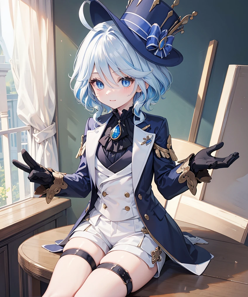 furina, blue eyes, blue hair, cowlick, ahoge, hair over one eye, light blue hair, short hair,
BREAK asymmetrical gloves, black gloves, frills, gloves, half gloves, hat, shorts, tailcoat, thigh strap, top hat, white gloves, white shorts,
BREAK looking at viewer,
BREAK indoors,
BREAK (masterpiece:1.2), best quality, high resolution, unity 8k wallpaper, (illustration:0.8), (beautiful detailed eyes:1.6), extremely detailed face, perfect lighting, extremely detailed CG, (perfect hands, perfect anatomy), Birthday Cake, Cake on table, looking at cake, 1girl, High Resolution, Best Quality, High Quality, Anime Style, 