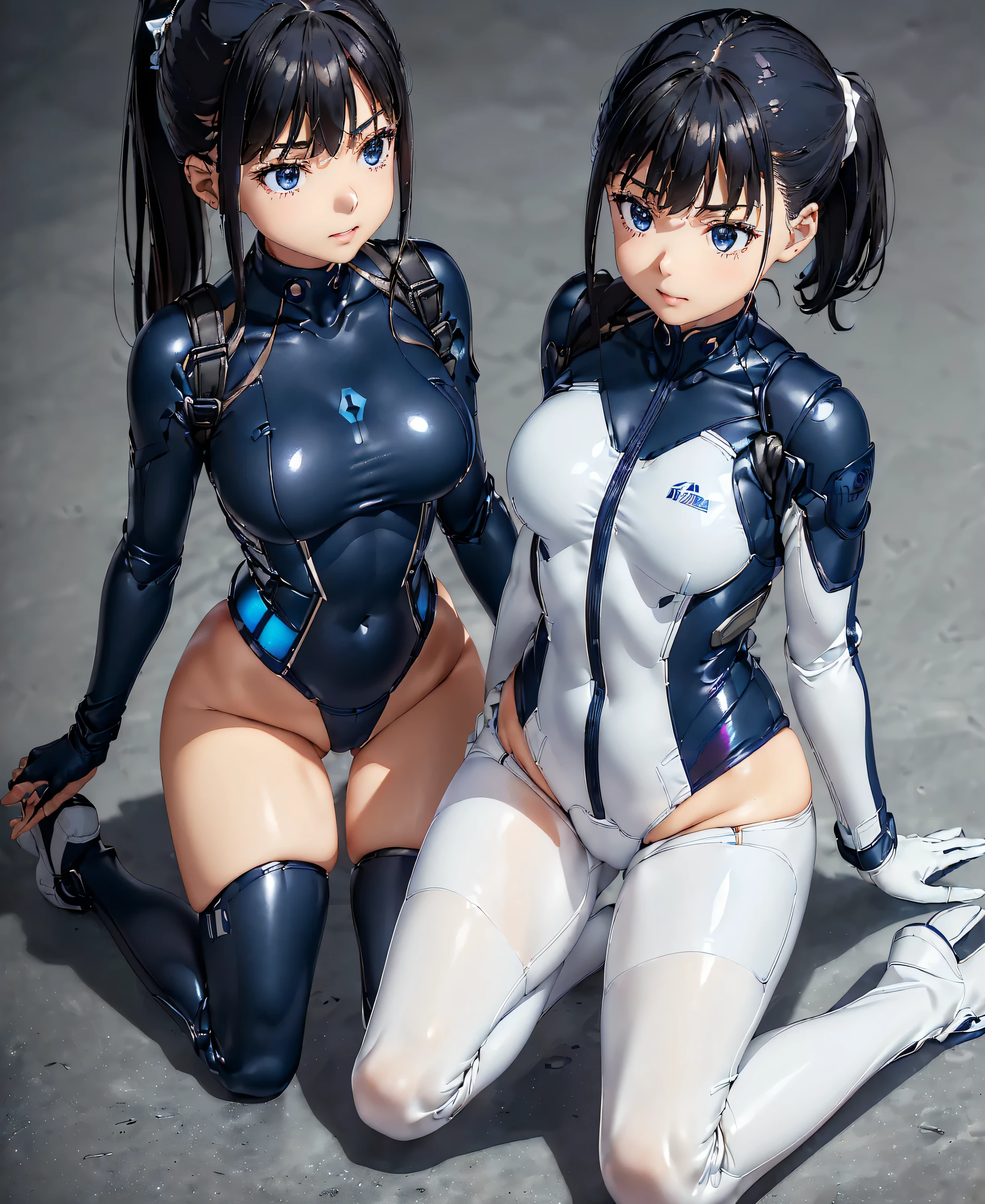 2 mature females,25yo,stand side by side,taimanin bodysuit,taimanin leotard,(Best Quality, masterpiece),medium breasts,Cute, Heartwarming smile, sea side,(from below:1.2),