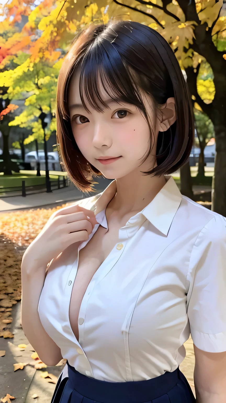 (masterpiece:1.2), Japanese, (****), (a schoolgirl), in a park, short sleeves, autumn leaves, (breasts cleavage), collared shirt, 