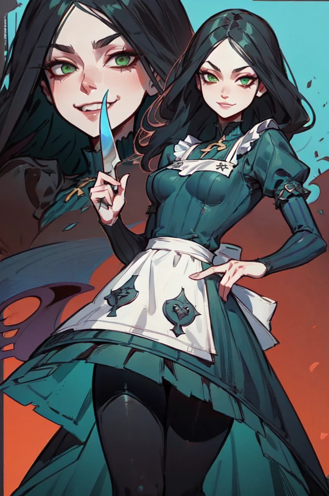 AliceMadness, solo, (medium-sized black hair, green eyes, blue dress, white apron, striped pantyhose), looking at viewer, serious, evil grin, posing dramatically, battle stance, holding a knife, vivid colors, Simple background, high quality, masterpiece,  