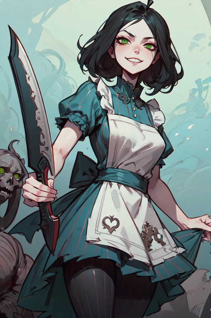 AliceMadness, solo, (medium-sized black hair, green eyes, blue dress, white apron, striped pantyhose), looking at viewer, serious, wide evil grin, posing dramatically, battle stance, holding a machete, vivid colors, Simple background, high quality, masterpiece,  