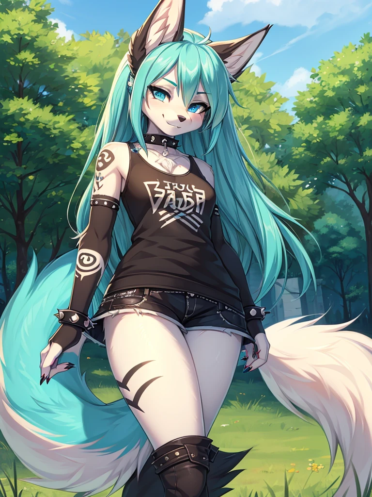 Chica anime, anime style, cute hatsune miku x suicune, shy girl , Orejas de Kitsune, arte de dark natasha, garden landscape, arte de vixen aztra, cuerpo completo, platas hermosas, cintura delgado, caderas amplias, piernas torneadas, hermosa, foto de cuerpo completo, navel blouse, black skirt, navel piercing, ear piercing, navel tattoo, timid pose, back pose, doggy style back pose, fluffly tail, sensual eyes