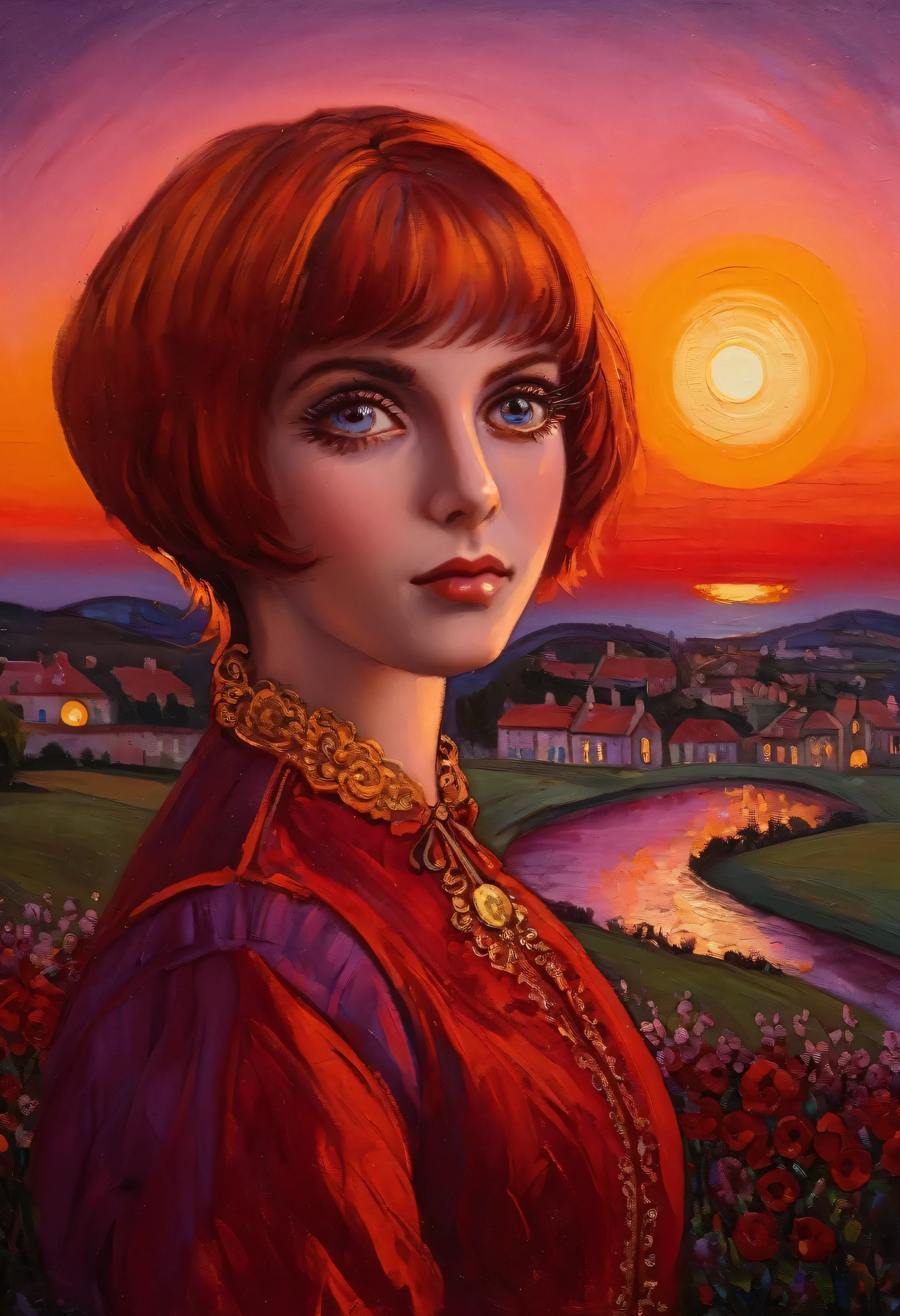 (ambre)[(front portrait: pretty  girl  with big eyes and a short red bob)((Jean batist Greuze style)))::20]/[background:landscape
 Baroque (moonlight sunset), style Rafael Santi], naive art, primitivism, protogen, crimson/liliac, very colorful,((oil painting)),((masterpiece)),single shot