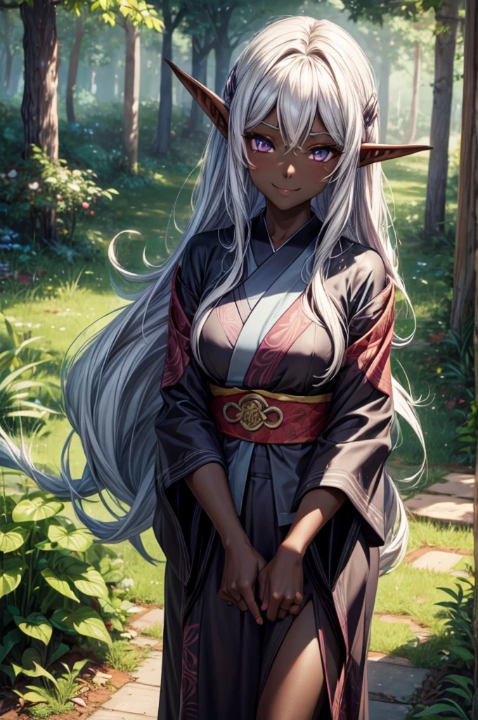  close up:1.2, Women:1.2, back position, , squinting eyes, Satisfied smile, small bust 1:1,the best definition, Anime style image, high definition, good quality, anime character, dark elf, teenage elf 18 yeats old, slanted eyes, Sensual look, big bright purple eyes, elven clothes, dark skin, dark skin,. She is in a forest. She is a dark elf, kimono 