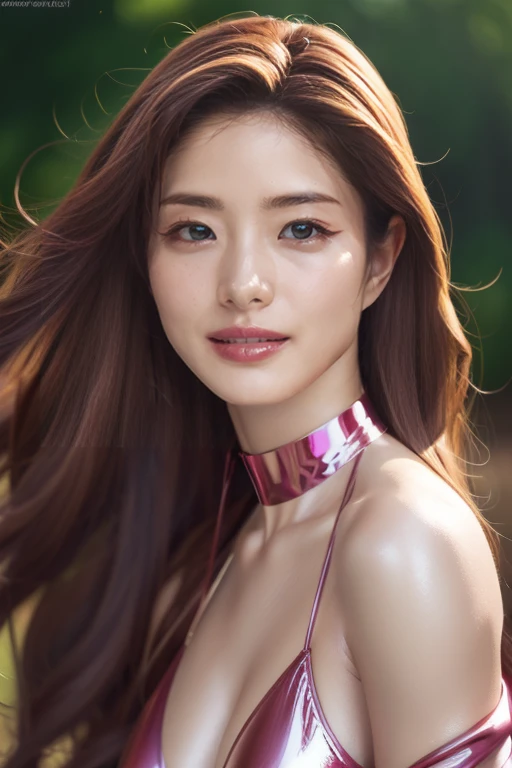 Ultra-realistic depictions,ultra-fine photos,, Best quality, Ultra high definition, Natural light, Full body portrait,( Amazingly beautiful style),((Chestnut hair and semi-long hair that sits in the wind))), Dynamic poses, Detailed beauty face, Brilliant eyes, Front view, ((Realistic digital painting of the natural beauty in a shiny slingshot swimsuit))), enamel boots, off shoulder, model body shape, shiny, long sleeve, looking at camera, choker, purple mini skirt, gravure magazine, sweaty, from right in front, Seduce, Urban street, (Beautiful body in detail), High detail skin, Realistic skin details, visible pores, sharp focus, 8K UHD, digital, high quality, fair skin, view from below