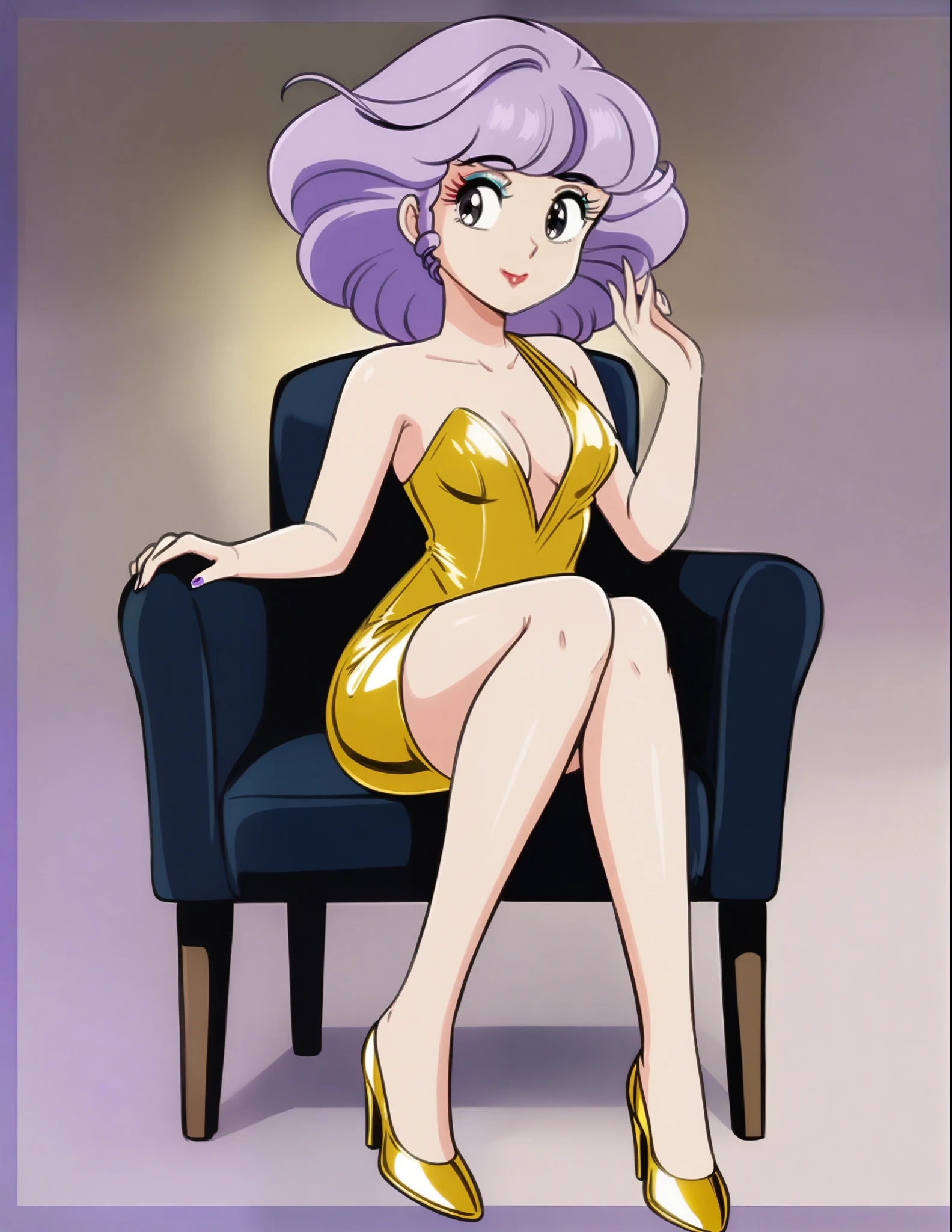 creamymami, purple hair, drill hair, retro artstyle, makeup,short hair, 
solo,looking at viewer, smile,metallic gold evening dress,(dress with low neckline on the chest),pencil skirt,slit,sitting on modern chair,elegant shoes,legs focus