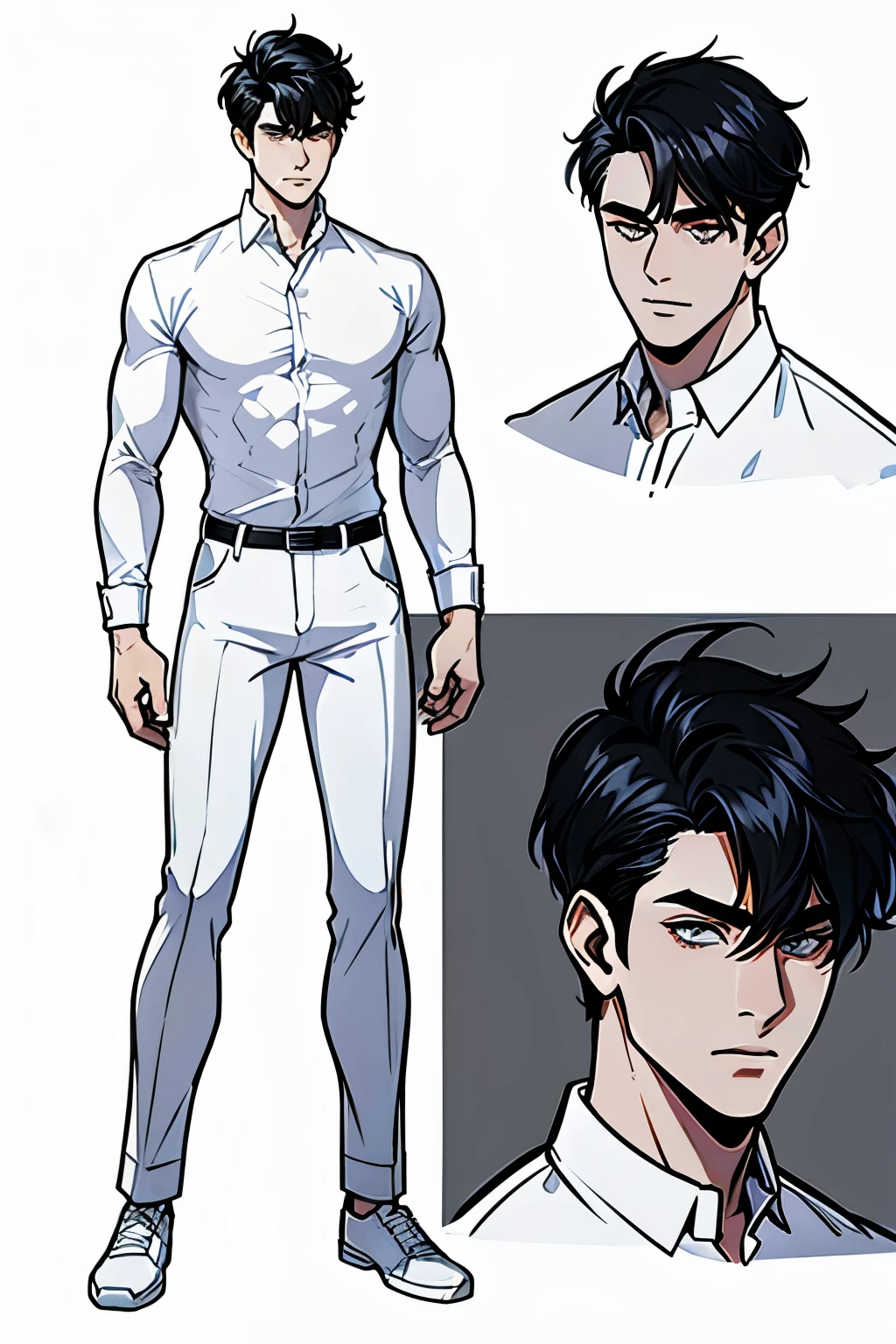 (((masterpiece))), ultra detailed, 4K, 8K, 32K, intricate, (((1boy))), ((black hair)), ((no background)), (((character sheet))), ((Character Concept Art)) white background, detailed eyes, ((white shirt)), ((black pants)), ((white shoes)), handsome young man, 20 year old, (((same character))), dynamic pose, anatomically correct hands, modern clothing, detailed clothes, (slender body), (((stylish haircut))), (best quality)