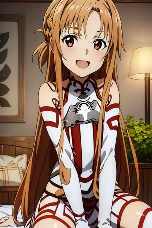 ((Best Quality)), ((masterpiece)), (be familiar with), Perfect Face, indoor, bedroom, Watching the audience,
One woman, Yuuki Asuna,
Open Mouth, Ecstatic expression, blush, smile,
Small breasts, Flat Chest, , , child, Girl,
Long Hair, Long Hair,
Leg spread,