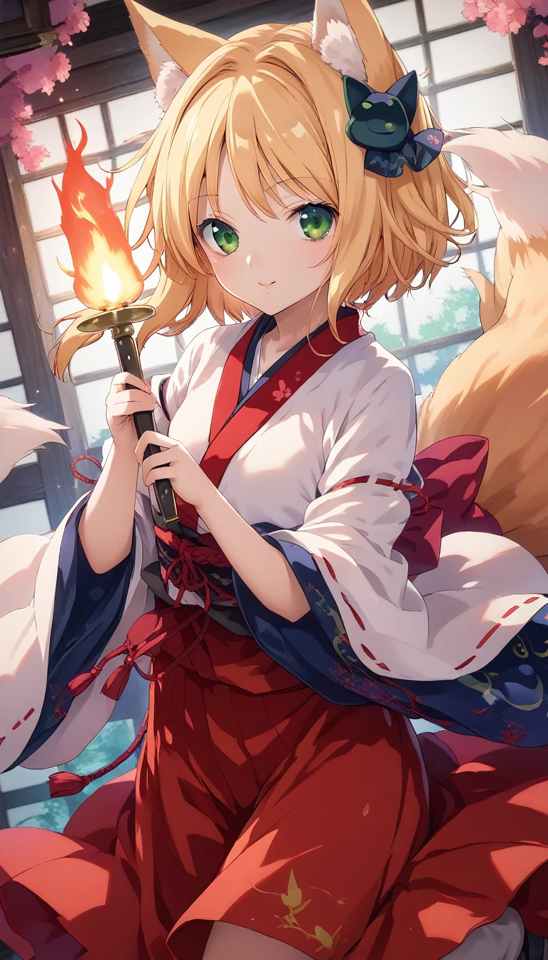 score_9, score_8_up, score_7_up, anime girl with long blonde hair and green eyes holding a knife, fox nobushi, kitsune, fox nobushi holding a naginata, holo is a wolf girl, kitsune holding torch, touhou character, with kitsune mask, kitsune three - tailed fox, a beautiful kitsune woman, anime moe artstyle,