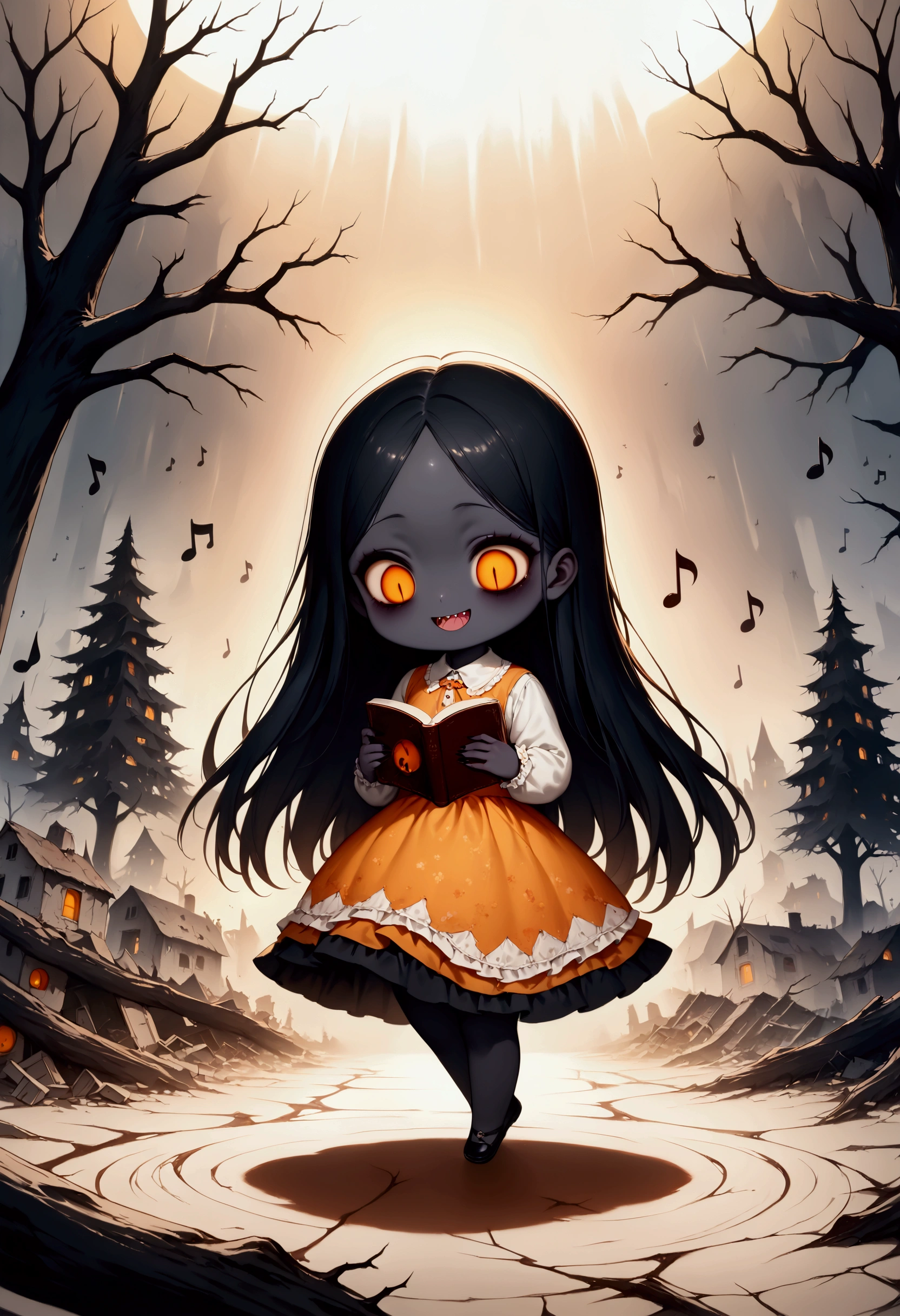 dark filter,,(solo:1.8),1girl\(devil girl,open mouth,sharp teeth,looking down, black long hair,string tie,open forehead, (beautiful straight hair:1.6),[bangs:2.0],[wave hair:2.0],orange eyes,(orange sclera:1.2),cute,(reading book), (smile:1.2),(colorful) music notes,(dancing:1.3),white shirts,(black dress),(pure black skin:1.3),(chibi:1.4),slim,big eyes,looging down\), background\((dead trees:1.3),(ruined town in distance:1.4), cute horror fantasy, disney-style horror, effects,oil painting style, traditional media, realistic,(horror mood:1.3), BREAK ,quality\(masterpiece, best quality,8k,wallpaper of extremely detailed CG unit, high resolution, top-quality, top-quality real texture skin, hyper realistic, increase the resolution, RAW photos, best quality, highly detailed, the wallpaper,golden ratio,high saturation realism, vibrant colors, dramatic lighting, persuasive storytelling, atmospheric scenery, captivating visuals, intricate details, strong emotions,dreamlike world\),