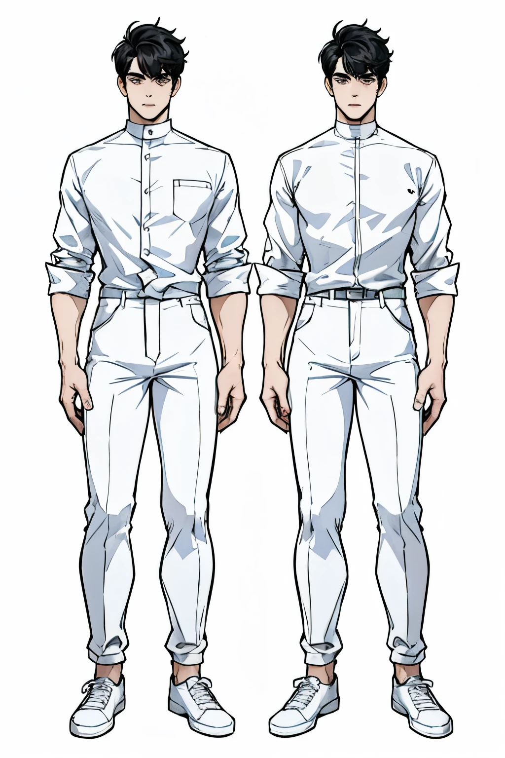 (((masterpiece))), ultra detailed, 4K, 8K, 32K, intricate, (((1boy))), ((black hair)), ((no background)), (((character sheet))), ((Character Concept Art)) white background, detailed eyes, ((white shirt)), ((black pants)), ((white shoes)), handsome young man, 20 year old, (((same character))), dynamic pose, anatomically correct hands, modern clothing, detailed clothes, (slender body), (((stylish haircut))), (best quality)