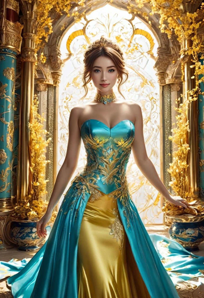 (masterpiece), (best quality), (ultra-detailed), (masterpiece:1.2), best quality), (ultra-detailed), realistic, illustration, beautiful woman, long hair, brown hair, beautiful eyes detail, (teal eyes), (beautiful stained glass dress), large breasts, high heels, smile, parted lips, full and defined body, thick thighs detailed body, dress with sexy short pink langerie.