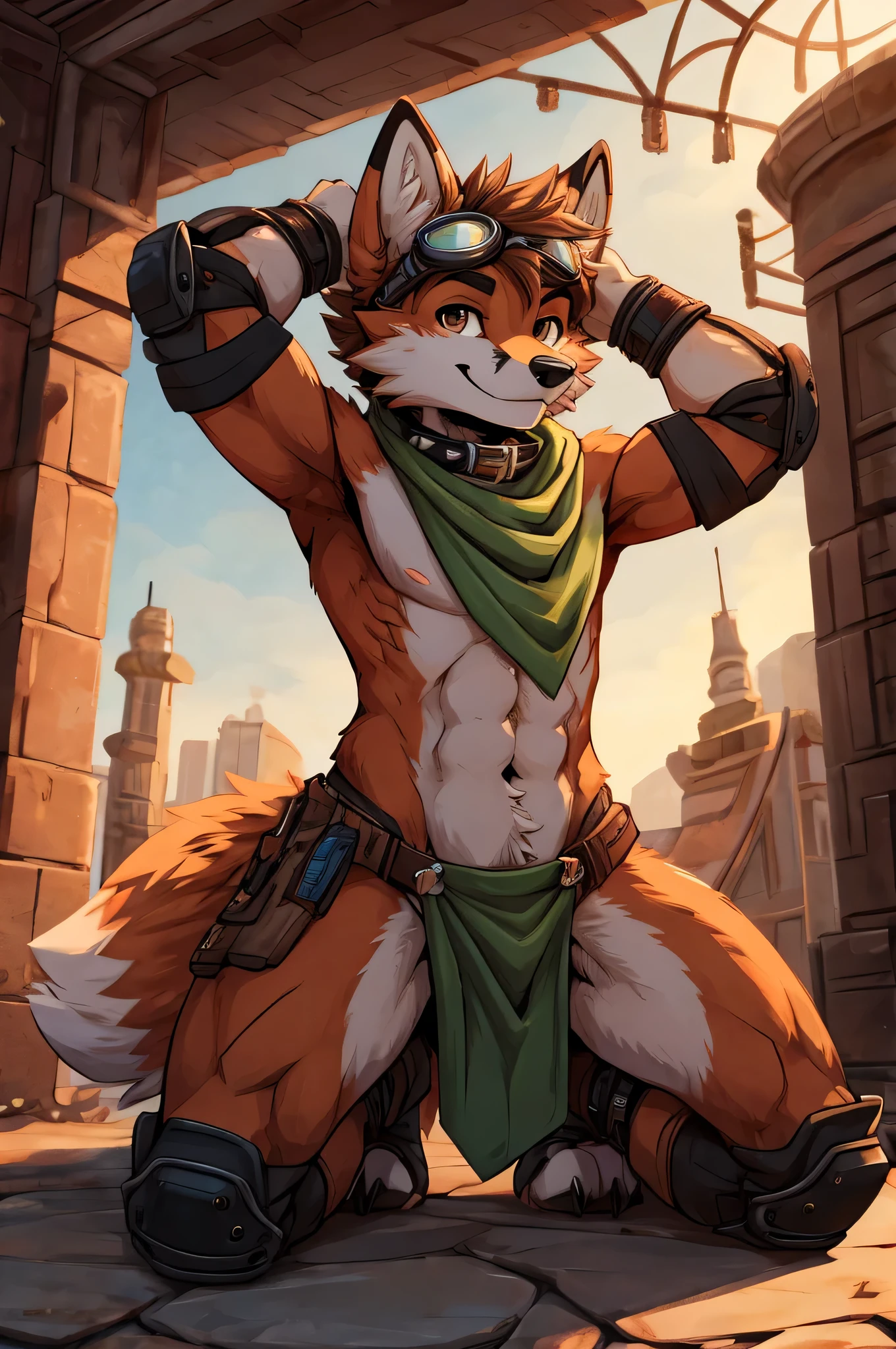 (((by fluff-kevlar, by Zackary911, by Kenket, by Kilinah))), solo male ((Kobold)), (detailed Kobold)) wearing a long cloak, muscular abs, Kobold black horns, Kobold tail, messy white hair, thigh highs, ((black micro-thong, skull pattern design on thong)), shirtless, front view, looking at the observer with an embarrassed smile, blush, , perspective, finely detailed paws, punk style, adventure backpack,