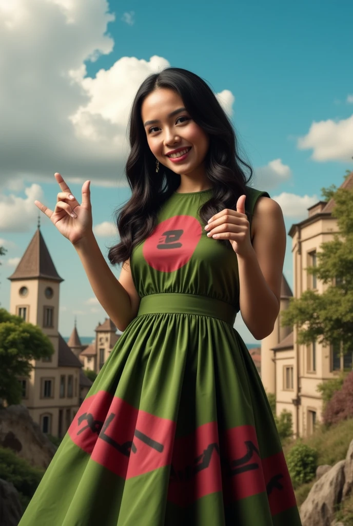 masterpiece photo of a dark-haired full-length sorceress with green eyes actively says something while gesticulating, a cheerful facial expression, blush, unusual pose, against the background of college of magic, a rich blue sky with clouds, a lot of vegetation, bright colors, intricate bizarre color combinations