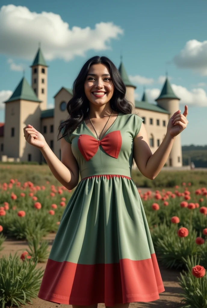 masterpiece photo of a dark-haired full-length sorceress with green eyes actively says something while gesticulating, a cheerful facial expression, blush, unusual pose, against the background of college of magic, a rich blue sky with clouds, a lot of vegetation, bright colors, intricate bizarre color combinations