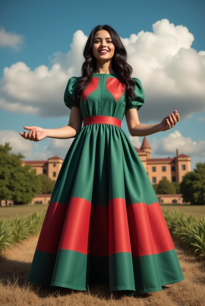 masterpiece photo of a dark-haired full-length sorceress with green eyes actively says something while gesticulating, a cheerful facial expression, blush, unusual pose, against the background of college of magic, a rich blue sky with clouds, a lot of vegetation, bright colors, intricate bizarre color combinations