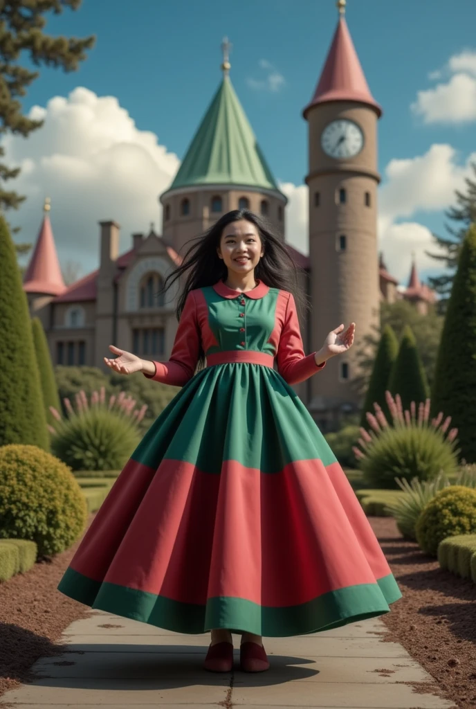 masterpiece photo of a dark-haired full-length sorceress with green eyes actively says something while gesticulating, a cheerful facial expression, blush, unusual pose, against the background of college of magic, a rich blue sky with clouds, a lot of vegetation, bright colors, intricate bizarre color combinations