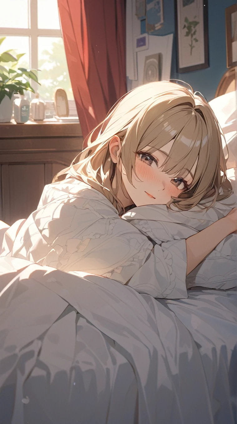boy lying on bed,tender face,huge breasts,female,female lying on stomach,handjob,from front,