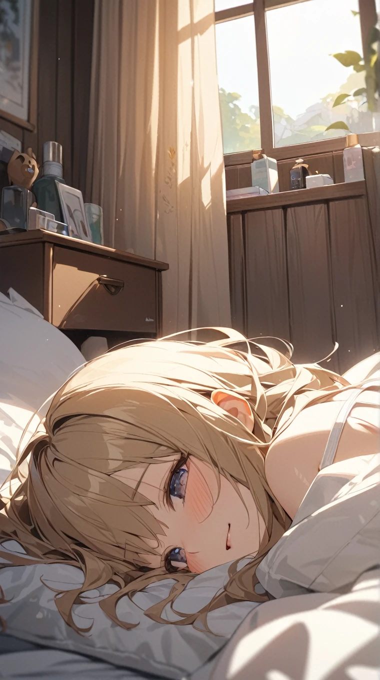 Masterpiece, best quality, very detailed, Ultra high resolution, (photorealistic:1.4), raw photos, (realistic:0.2), 1 girl, alone, long hair,,8k hdr, 1 girl,Blonde hair, shy ,sweat,steam,wet,wet, medium-large breast, bright eyes, sleep, medium-small breasts,Ball Shirt, ห้องsleep