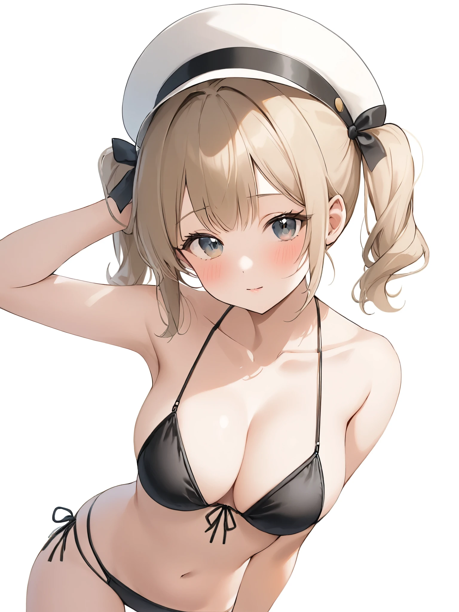 ultra-detailed,(best quality),((masterpiece)),(highres),extremely,Barbara,1girl,breasts,solo,navel,bikini,swimsuit,twintails,looking at viewer,hat,medium breasts,black bikini,blush,upper body,bare shoulders,stomach,collarbone,closed mouth,twin drills,white background,simple background,arms behind back,white headwear,cleavage,