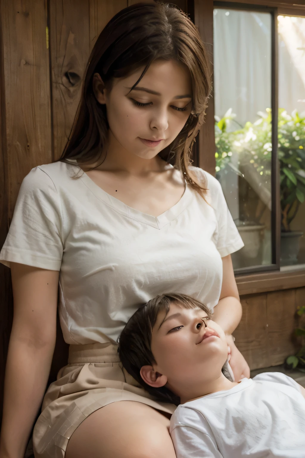 A young boy sitting on his mother's lap in a school, realistic, hyper detailed, high quality, intricate details, masterpiece, photorealistic, extremely detailed face and eyes, beautiful detailed lips, long eyelashes, tender expression, warm lighting, soft colors, intimate embrace, outdoor scene, plush bedding, sunlight filtering through windows, main focus mother and son, 1 woman has big thighs, mother and son's close relationship, where's the young boy at?, younger brother, shorts, black white skirt