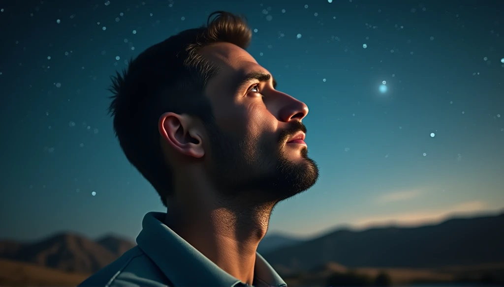 An illustration of the character Luke, smiling confidently, in front of a wall where hanging pictures of his paintings. Behind him, a starry and awe-inspiring sky that symbolizes the realization of your dreams. The image should convey the idea of overcoming, perseverance and achievement.