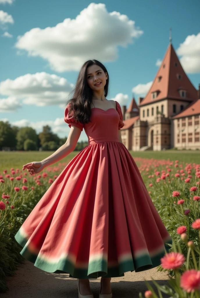 masterpiece photo of a dark-haired full-length sorceress with green eyes dressed in a magical watermelon dress actively says something while gesticulating, a cheerful facial expression, blush, unusual pose, against the background of college of magic, a rich blue sky with clouds, a lot of vegetation, bright colors, intricate bizarre color combinations