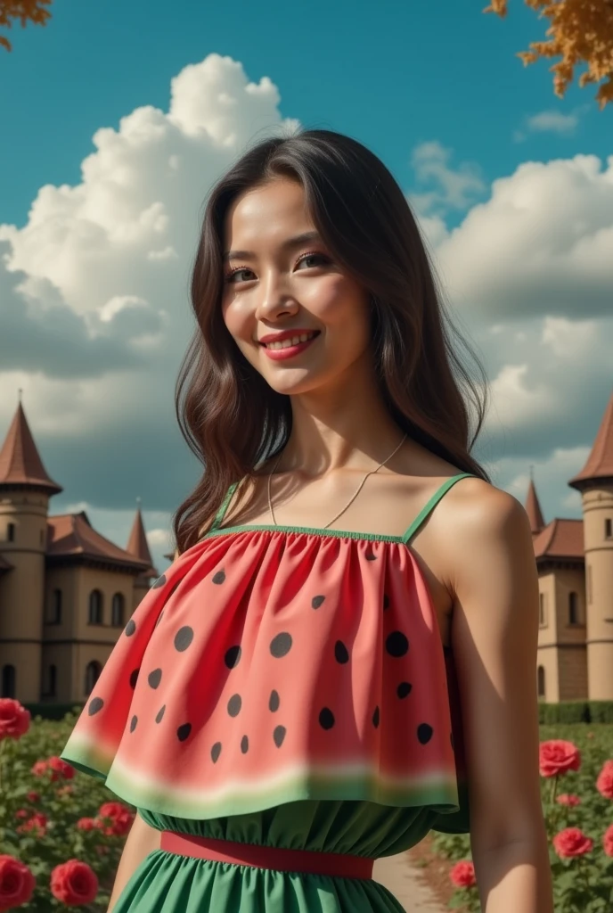 masterpiece photo of a dark-haired full-length sorceress with green eyes dressed in a magical watermelon dress actively says something while gesticulating, a cheerful facial expression, blush, unusual pose, against the background of college of magic, a rich blue sky with clouds, a lot of vegetation, bright colors, intricate bizarre color combinations