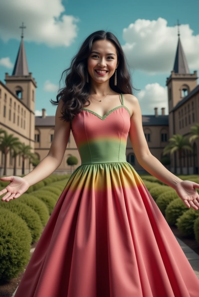 masterpiece photo of a dark-haired full-length sorceress with green eyes dressed in a magical watermelon dress actively says something while gesticulating, a cheerful facial expression, blush, unusual pose, against the background of college of magic, a rich blue sky with clouds, a lot of vegetation, bright colors, intricate bizarre color combinations