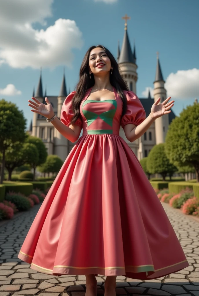 masterpiece photo of a dark-haired full-length sorceress with green eyes dressed in a magical watermelon dress actively says something while gesticulating, a cheerful facial expression, blush, unusual pose, against the background of college of magic, a rich blue sky with clouds, a lot of vegetation, bright colors, intricate bizarre color combinations