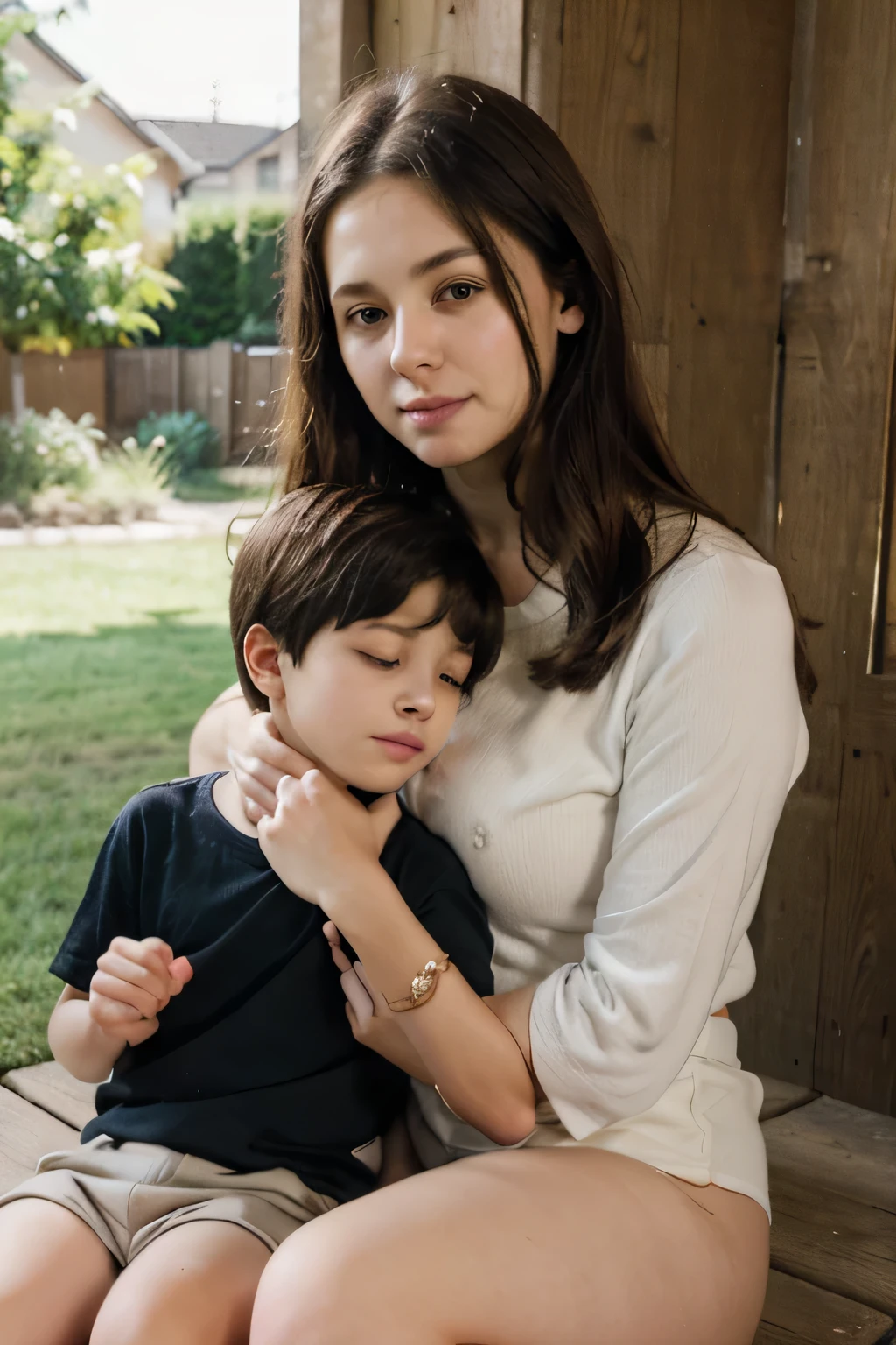 A young boy sitting on his mother's lap in a school, realistic, hyper detailed, high quality, intricate details, masterpiece, photorealistic, extremely detailed face and eyes, beautiful detailed lips, long eyelashes, tender expression, warm lighting, soft colors, intimate embrace, outdoor scene, plush bedding, sunlight filtering through windows, main focus mother and son, 1 woman has big thighs, mother and son's close relationship, where's the young boy at?, younger brother, shorts, black white skirt