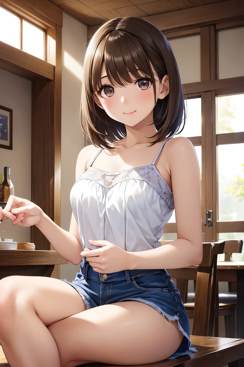 anegasaki nene、Shiny brown hair, short hair, (Beautiful brown eyes、Shining Eyes, fine grain)、smile、Very detailed eyes、Very detailed顔, Very detailed目,
(Tabletop, Best Quality, Very detailed), One Girl, short hair、In denim、camisole