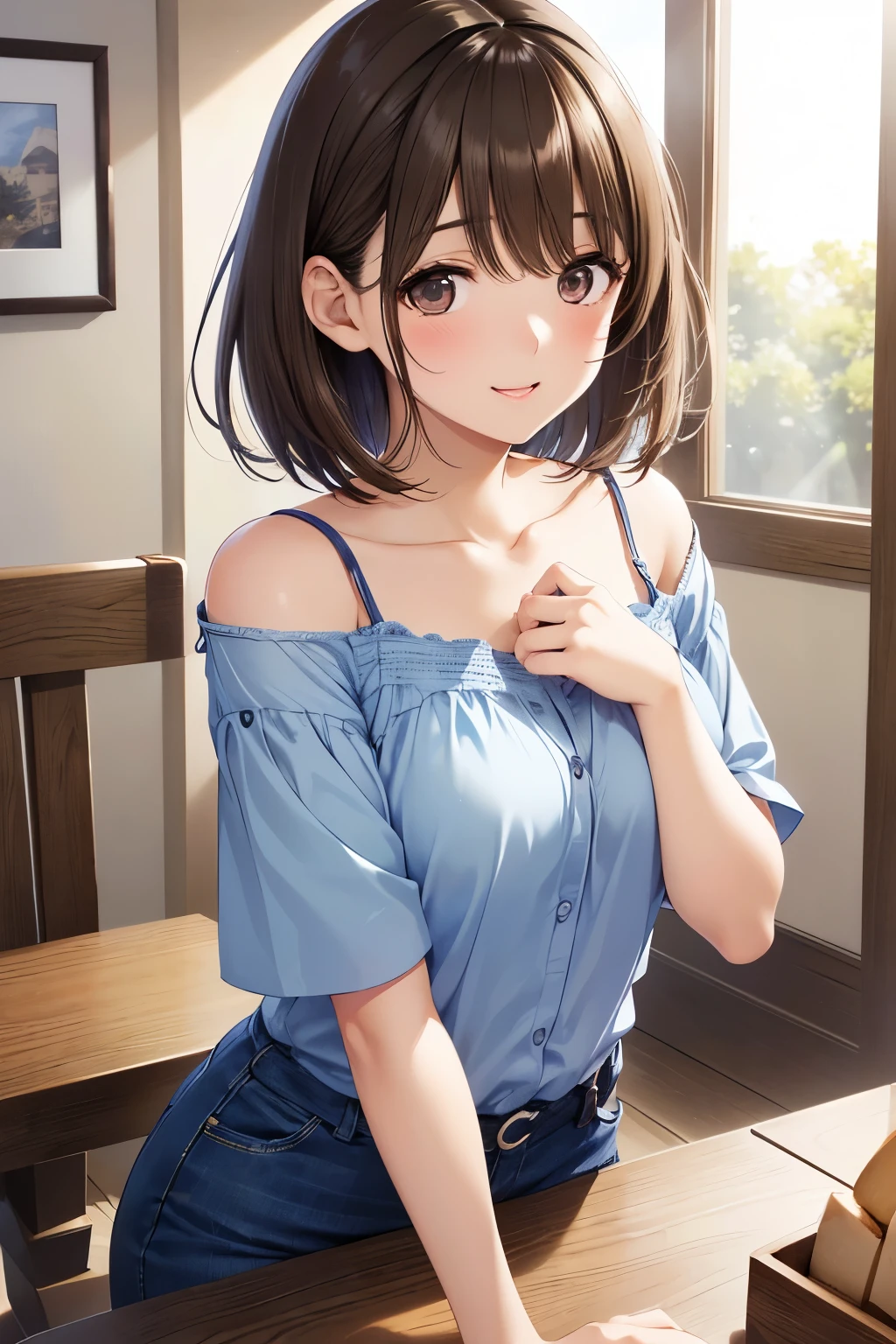 anegasaki nene、Shiny brown hair, short hair, (Beautiful brown eyes、Shining Eyes, fine grain)、smile、Very detailed eyes、Very detailed顔, Very detailed目,
(Tabletop, Best Quality, Very detailed), One Girl, short hair、In denim、camisole