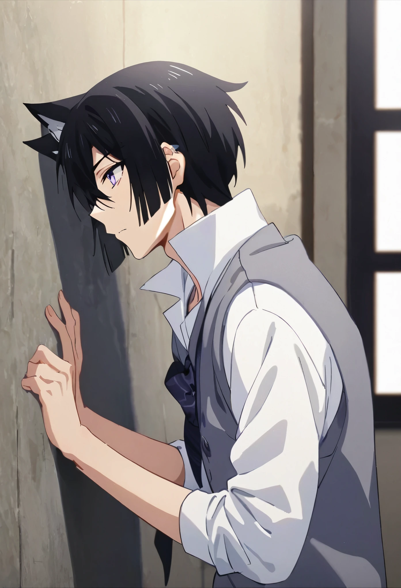 good looking, alone, 1 male, black hair, wolf cut hair model, purple dark eyes, sees a schooluniform,  morning,bad boy, Was standing, and leaning against the wall