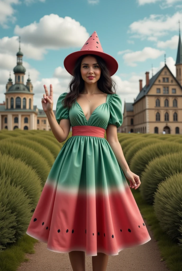 masterpiece photo of a dark-haired full-length sorceress with green eyes dressed in a magical watermelon dress actively says something while gesticulating, a cheerful facial expression, blush, unusual pose, against the background of college of magic, a rich blue sky with clouds, a lot of vegetation, bright colors, intricate bizarre color combinations