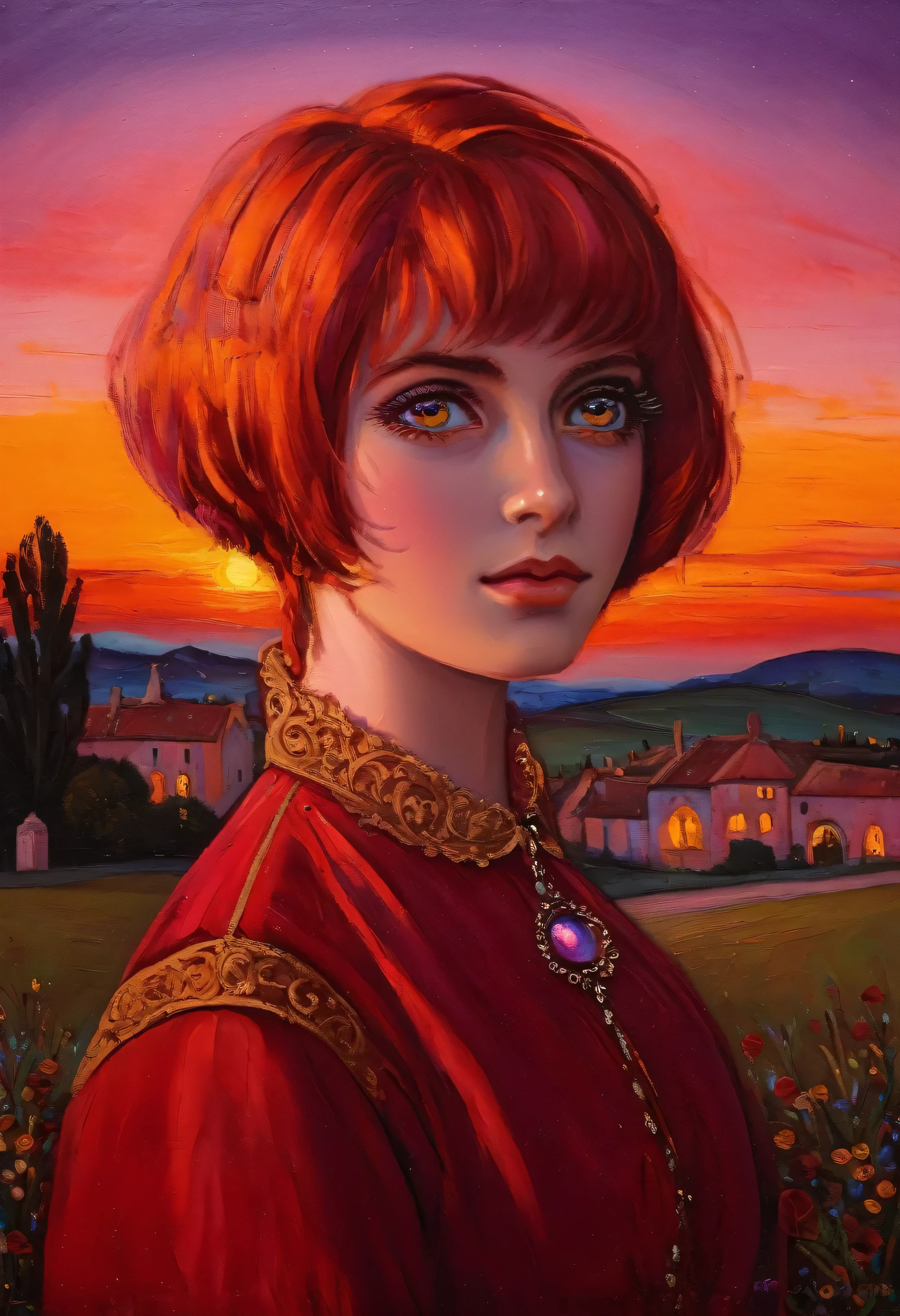 (ambre!!!!)[(front portrait: pretty teen girl  with big eyes and a short red bob)((Jean batist Greuze style)))::20]/[background:landscape
 Baroque (moonlight sunset), style Rafael Santi], naive art, primitivism, protogen, crimson/liliac, very colorful,((oil painting)),((masterpiece)),single shot