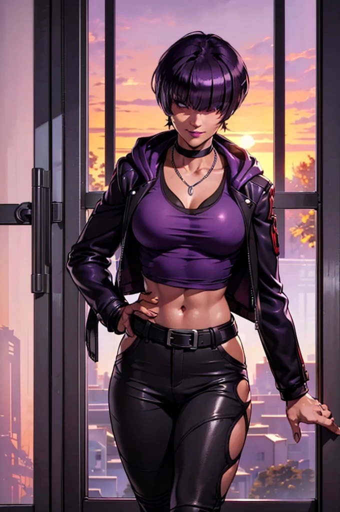 ((shiny eyes, 1girl, milf, standing, sexy pose, ((Orochi_Shermie, purple hair, short hair, hair bangs, hair over the eyes, hooded eyes)), perfect face, sharp focus, professional artwork, intricate details)), ((fitness,, shapely body, athletic body, toned body)), (( biker woman, rocker woman, punk woman, black jacket, leather jacket, gray t-shirt, black pants, leather pants, belt, , window, sunset, trees, Canada, backstage, smug smile, silver necklace, room, indoor, entrance,))