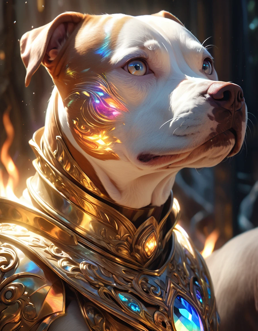 One Majestic red brown pitbull dog in finely detailed gold armor, perfect eyes, gold eyes, epic, legendary, happy look, warm open fire in the background, intricate, detailed, classical fantasy, ethereal, magical, dreamlike, surreal, visionary, intricate ornate frame, mythical, mystical, otherworldly, iridescent, luminous, glowing, shimmering, radiant, prismatic, kaleidoscopic, (best quality,4k,8k,highres,masterpiece:1.2),ultra-detailed,(realistic,photorealistic,photo-realistic:1.37),dramatic lighting, chiaroscuro, cinematic, moody, atmospheric, painterly, rich colors, vibrant palette, lush, sumptuous