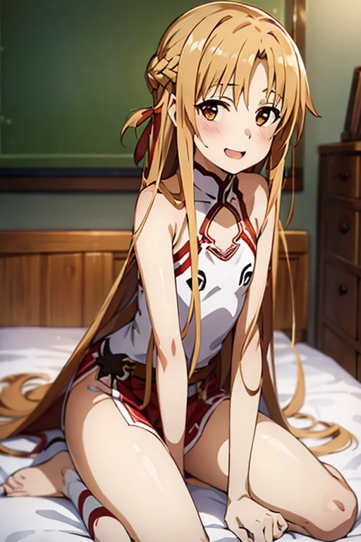 ((Best Quality)), ((masterpiece)), (be familiar with), Perfect Face, indoor, bedroom, Watching the audience,
One woman, Yuuki Asuna,
Open Mouth, Ecstatic expression, blush, smile,
Small breasts, Flat Chest, , , child, Girl,
Long Hair, Long Hair,
Leg spread,