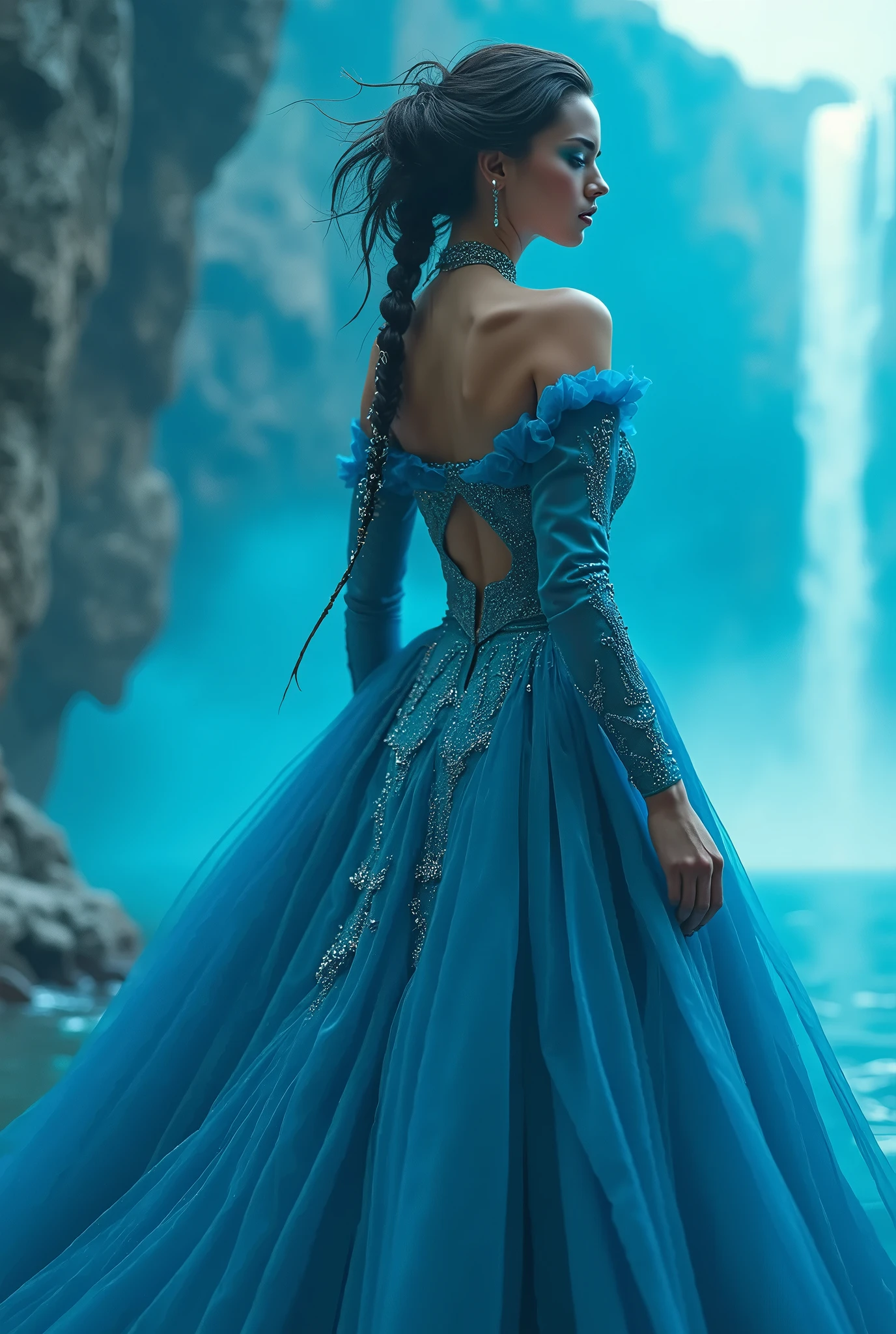 arafed princess in a blue satin ballgown and high heels sitting in a muddy puddle, girl wears a blue ballgown with a hoopskirt, long satin gloves, sapphire necklace, tiara, and earrings, wearing a flowing dress, beautiful maiden, flowing dress, flowing gown, beautiful fantasy maiden, fantasy photoshoot, wearing a blue ballgown, dressed in a beautiful, fantasy ballgown, fantasy beautiful, wearing a magnificent ballgown, wet hair (((drenched))) (((soaked))) (((disheveled))) (((clinging))) (covered in mud)