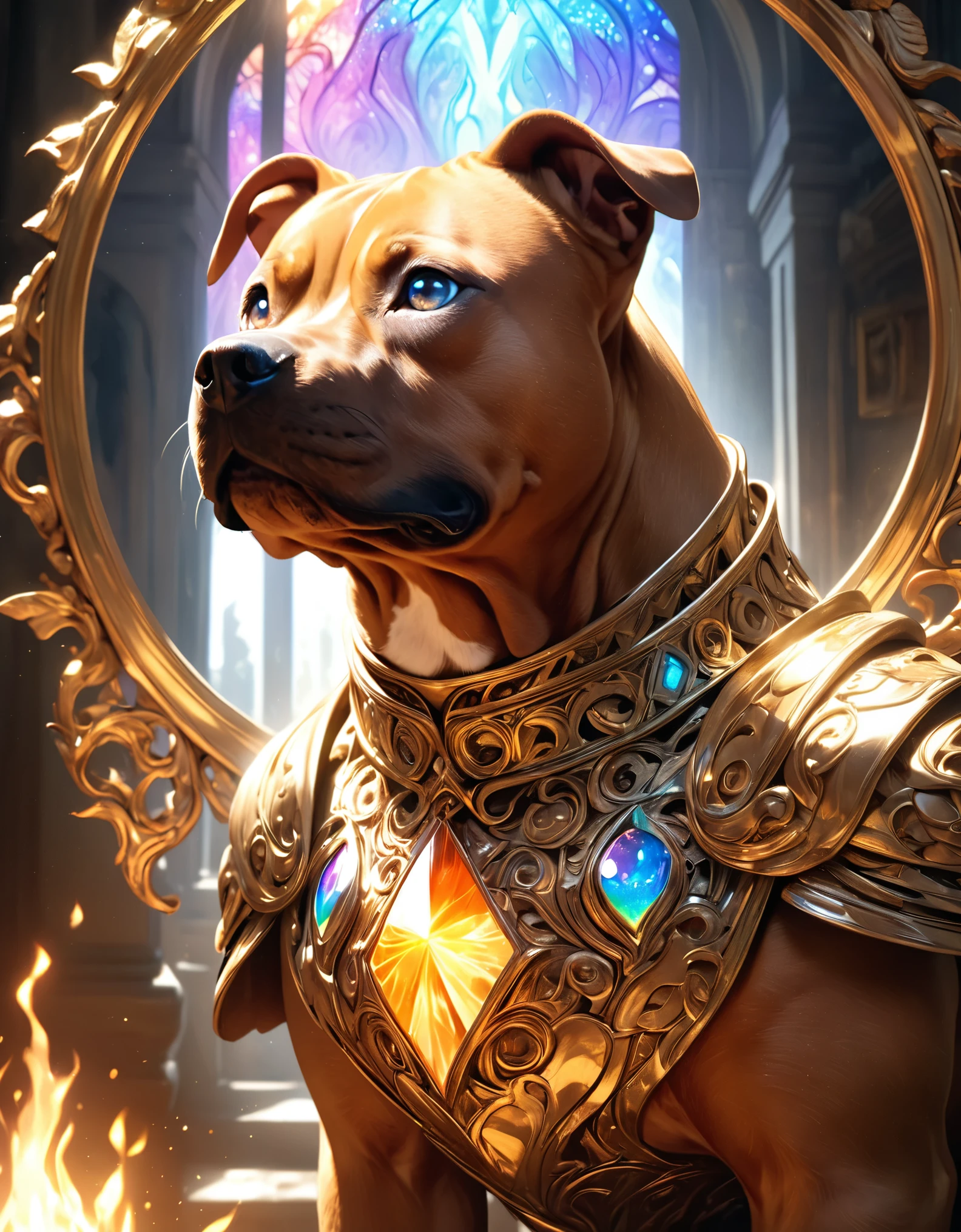 One Majestic red brown pitbull dog in finely detailed gold armor, perfect eyes, gold eyes, epic, legendary, happy look, warm open fire in the background, intricate, detailed, classical fantasy, ethereal, magical, dreamlike, surreal, visionary, intricate ornate frame, mythical, mystical, otherworldly, iridescent, luminous, glowing, shimmering, radiant, prismatic, kaleidoscopic, (best quality,4k,8k,highres,masterpiece:1.2),ultra-detailed,(realistic,photorealistic,photo-realistic:1.37),dramatic lighting, chiaroscuro, cinematic, moody, atmospheric, painterly, rich colors, vibrant palette, lush, sumptuous