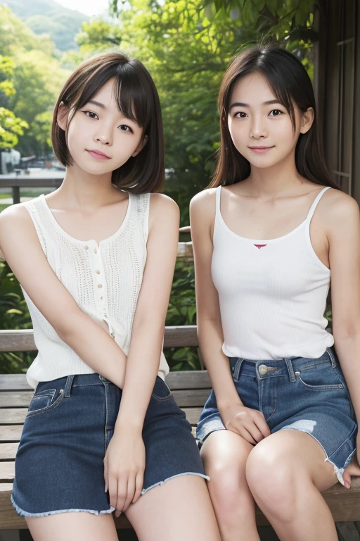 Two girls standing at ear window in school classroom,White dress,bangs,smile,Short hair with low pigtails,from before,Front light,((Little girl at 14 years old、slender、delicate、Sexy clavicle and flat chest、Very small breasts))、My whole body is soaked、Lift the skirt to show white panties