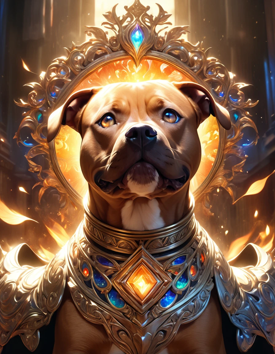 One Majestic red brown pitbull dog in finely detailed gold armor, perfect eyes, gold eyes, epic, legendary, happy look, warm open fire in the background, intricate, detailed, classical fantasy, ethereal, magical, dreamlike, surreal, visionary, intricate ornate frame, mythical, mystical, otherworldly, iridescent, luminous, glowing, shimmering, radiant, prismatic, kaleidoscopic, (best quality,4k,8k,highres,masterpiece:1.2),ultra-detailed,(realistic,photorealistic,photo-realistic:1.37),dramatic lighting, chiaroscuro, cinematic, moody, atmospheric, painterly, rich colors, vibrant palette, lush, sumptuous