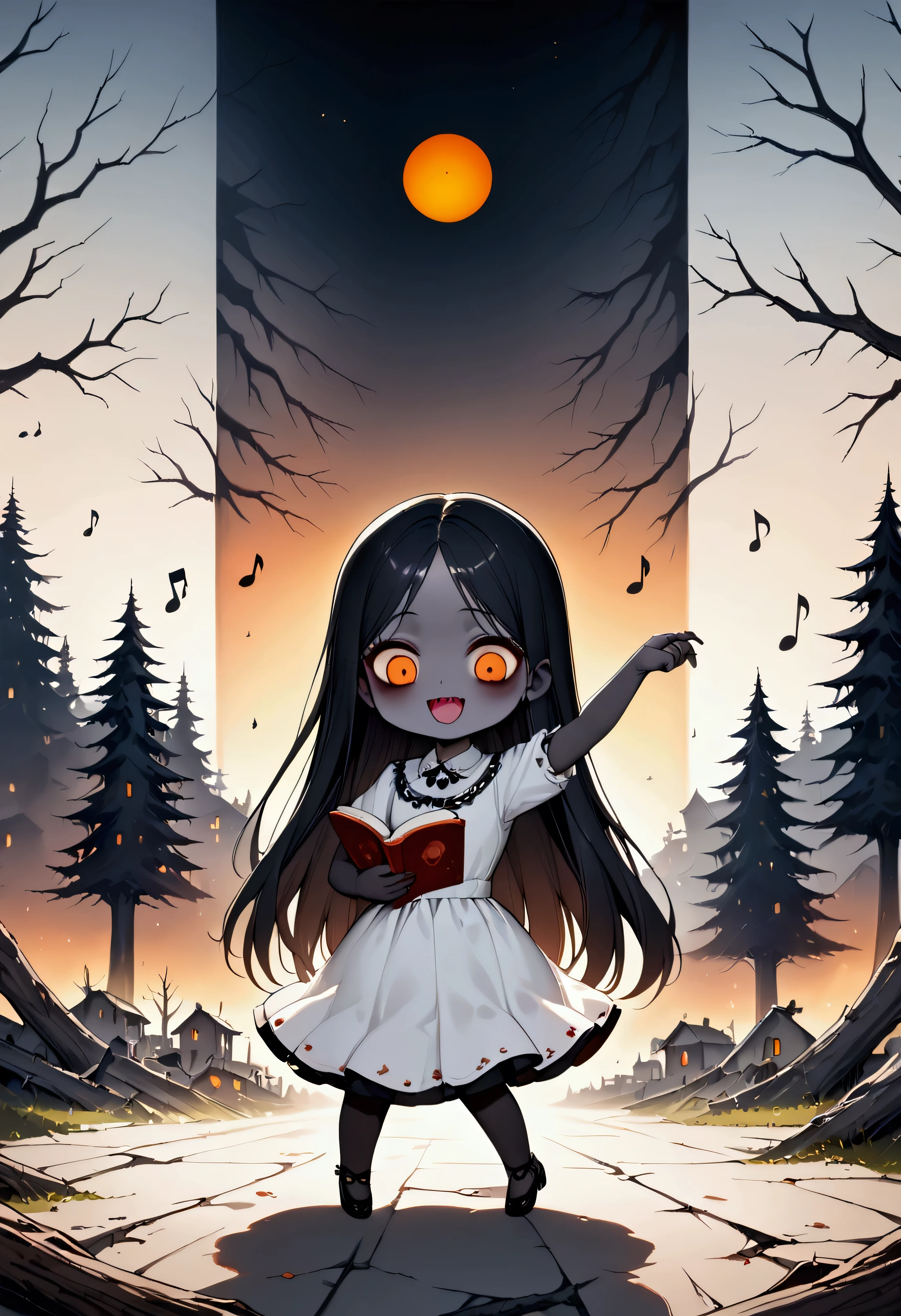 dark filter,,(solo:1.8),1girl\(devil girl,open mouth,sharp teeth,looking down, black long hair,string tie,open forehead, (beautiful straight hair:1.6),[bangs:2.0],[wave hair:2.0],orange eyes,(orange sclera:1.2),cute,(reading book), (smile:1.2),(colorful) music notes,(dancing:1.3),white shirts,black dress,(pure black skin:1.3),(chibi:1.3),slim,big eyes,looging down\), background\((dead trees:1.3),(ruined town in distance:1.4), cute horror fantasy, disney-style horror, effects,oil painting style, traditional media, realistic,(horror mood:1.3), BREAK ,quality\(masterpiece, best quality,8k,wallpaper of extremely detailed CG unit, high resolution, top-quality, top-quality real texture skin, hyper realistic, increase the resolution, RAW photos, best quality, highly detailed, the wallpaper,golden ratio,high saturation realism, vibrant colors, dramatic lighting, persuasive storytelling, atmospheric scenery, captivating visuals, intricate details, strong emotions,dreamlike world\),