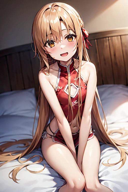 ((Best Quality)), ((masterpiece)), (be familiar with), Perfect Face, indoor, bedroom, Watching the audience,
One woman, Yuuki Asuna,
Open Mouth, Ecstatic expression, blush, smile,
Small breasts, Flat Chest, , , child, Girl,
Long Hair, Long Hair,
Leg spread,