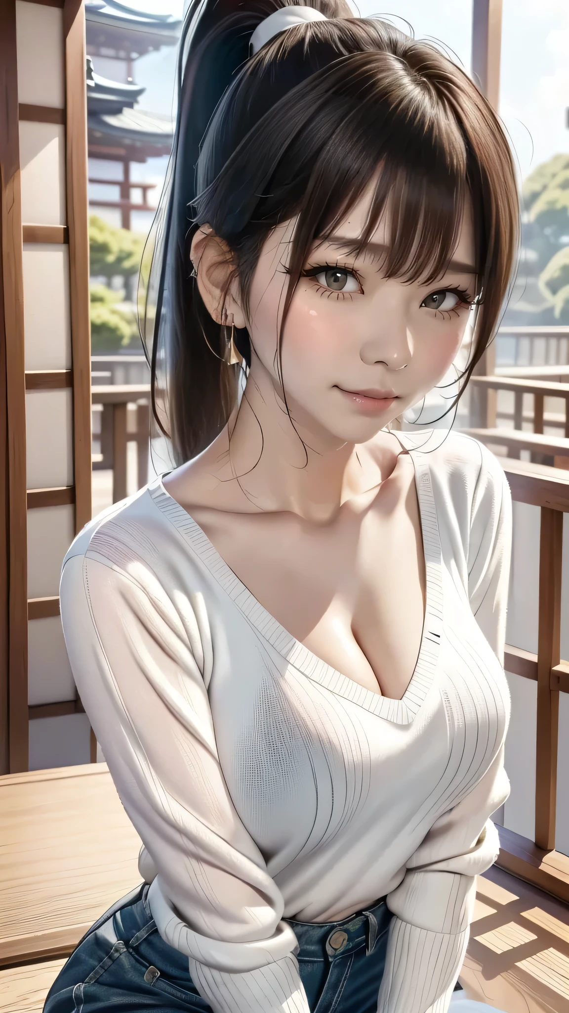 blush,,small breasts,winter,long hair ponytail,winter,wearing a white long-sleeved knit sweater,wearing jeans,enjoying the date,Japanese amusement park,close up of face,((8K, Raw photo, best quality, muste piece:1.2), (Reality, photorealistic:1.4), (Highly detailed 8K wallpaper), Depth of the bounds written, cinematic lighting, soft light, detailed beauty eye,Shiny and smooth light brown ponytail, asymmetrical bangs, shiny skin, super detailed skin ,high resolution, high detail, detailed hairstyle, detailed beauty face, hyper real, perfect limbs, perfect anatomy ,1 Japanese girl,famous japanese idol, perfect female body,shy smile,short eyelashes,double-edged eyelids,look straight here,Hair style is ponytail,