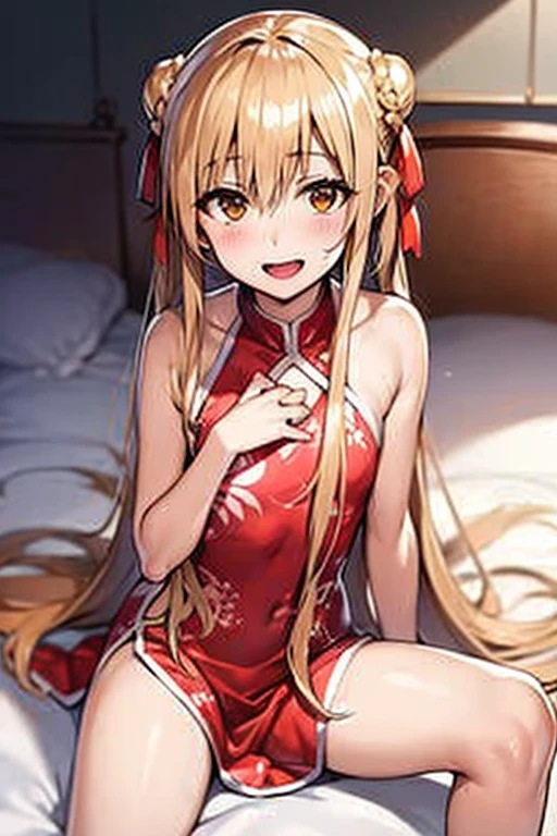 ((Best Quality)), ((masterpiece)), (be familiar with), Perfect Face, indoor, bedroom, Watching the audience,
One woman, Yuuki Asuna,
Open Mouth, Ecstatic expression, blush, smile,
Small breasts, Flat Chest, , , , Girl,
Long Hair, Long Hair,
Leg spread,