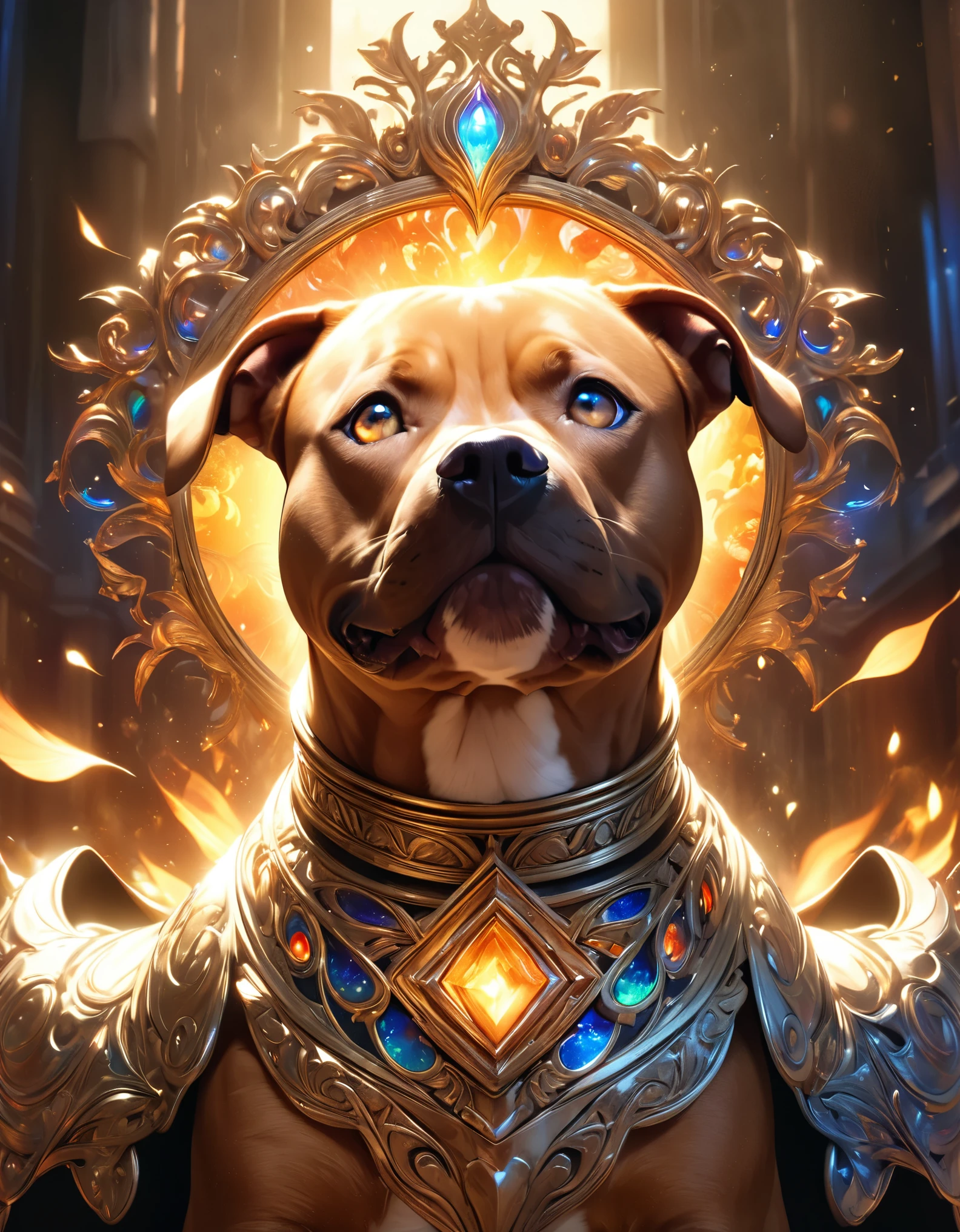 One Majestic red brown pitbull dog in finely detailed gold armor, perfect eyes, gold eyes, epic, legendary, happy look, warm open fire in the background, intricate, detailed, classical fantasy, ethereal, magical, dreamlike, surreal, visionary, intricate ornate frame, mythical, mystical, otherworldly, iridescent, luminous, glowing, shimmering, radiant, prismatic, kaleidoscopic, (best quality,4k,8k,highres,masterpiece:1.2),ultra-detailed,(realistic,photorealistic,photo-realistic:1.37),dramatic lighting, chiaroscuro, cinematic, moody, atmospheric, painterly, rich colors, vibrant palette, lush, sumptuous