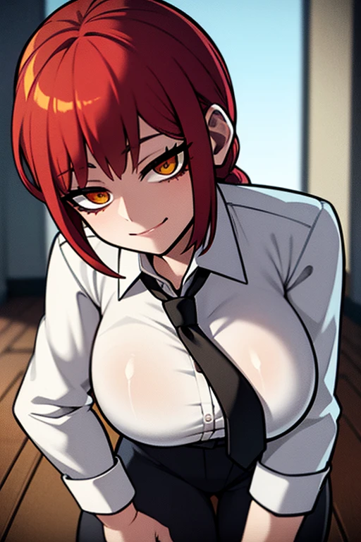 1girl,  makima \(chainsaw man\), standing, red hair, long braided hair, golden eyes, bangs, white shirt, necktie, stare, smile, ringed eyes, black necktie, closed mouth, wide hips, cowboy shot, gigantic breasts, outdoors, naked